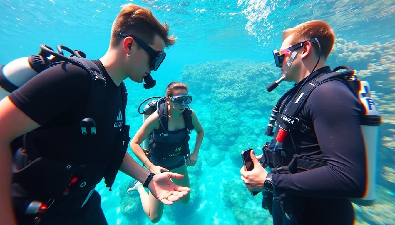 Tauchschule mit professionellem Taucher, der Schüler unter Wasser anleitet.