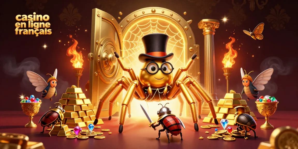 Illustration captivante de casino en ligne francais avec une tarentule et un chevalier, atmosphère chaleureuse.