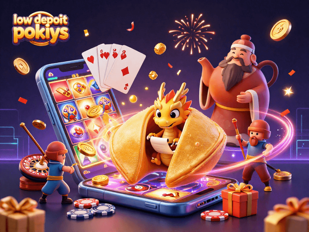 Experience exciting low deposit pokies with a vibrant scene of winning characters and game elements!