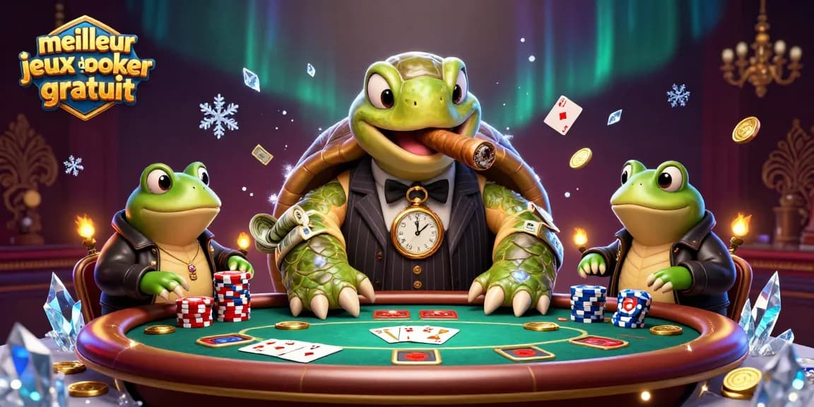 Participez aux meilleurs jeux de poker gratuit, avec des personnages colorés autour d'une table de poker.