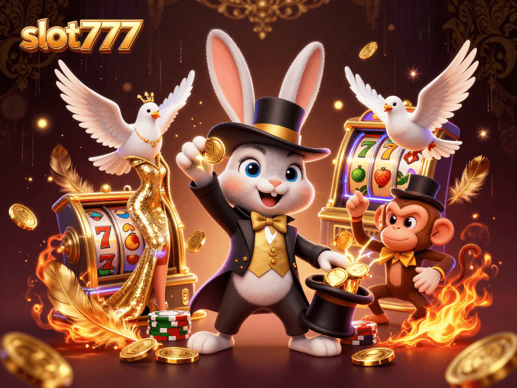 Experience excitement with slot777 as the magician rabbit pulls coins, set in a vibrant casino scene.