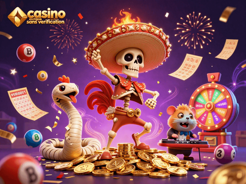 Jouez dans un casino en ligne sans vérification avec une illustration dynamique de personnages festifs et éléments colorés.