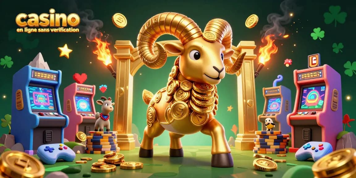 Jouez dans un casino en ligne sans verification avec un bélier doré et des machines à arcade lumineuses.