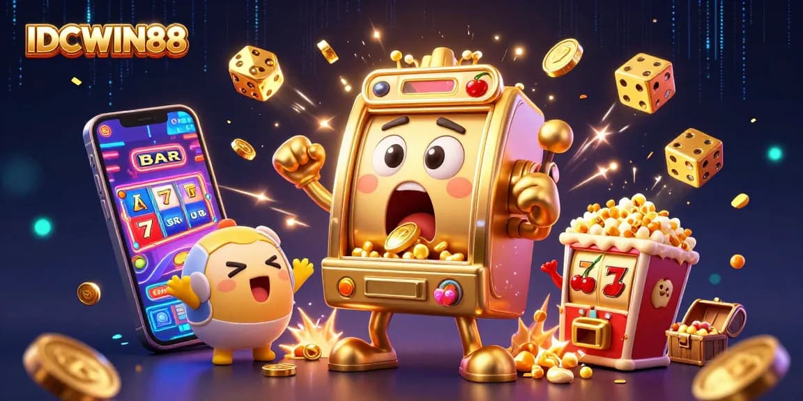 Spin to win at IDCWIN88 with a vibrant 3D jackpot celebration featuring dynamic slot machines and treasures!