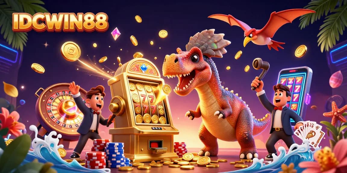 Experience thrilling gameplay at IDCWIN88 as cartoon dinosaurs interact with jackpot slot machines.