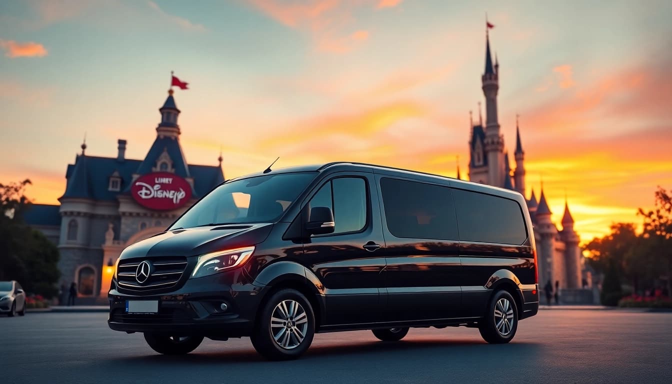 Experience Disneyland Paris airport transfer services with a welcoming vehicle against a magical backdrop.