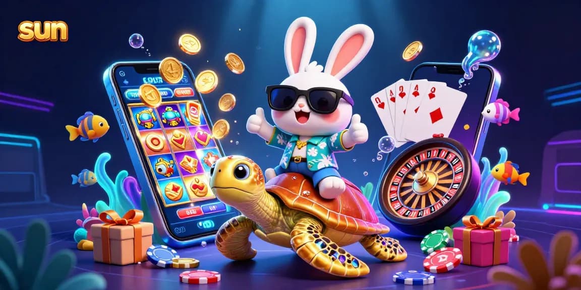 Spin and win big at Sun's colorful casino adventure with a lucky rabbit and golden turtle.