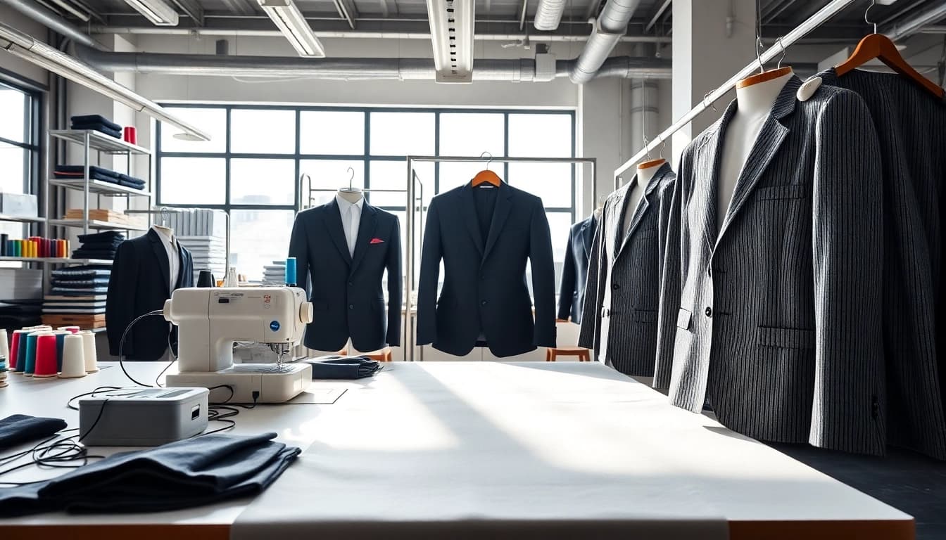 Apparel Manufacturer crafting quality blazers with vibrant fabrics in a stylish studio.