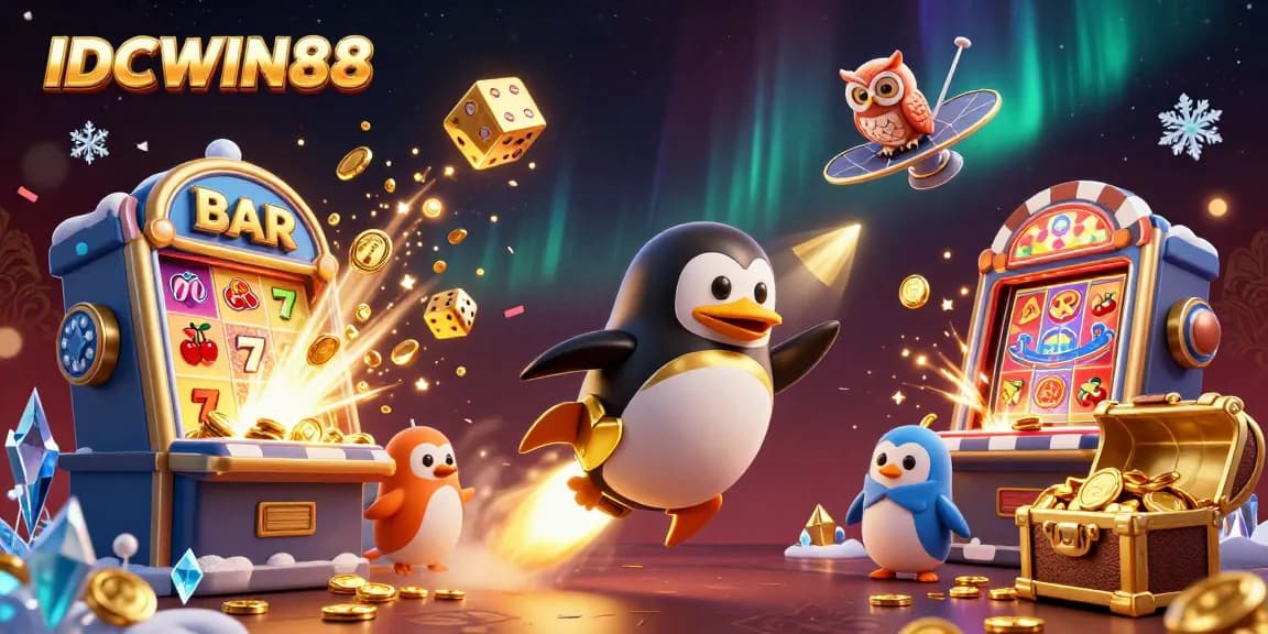 Experience thrilling slots at IDCWIN88, where the golden penguin embarks on a jackpot adventure!