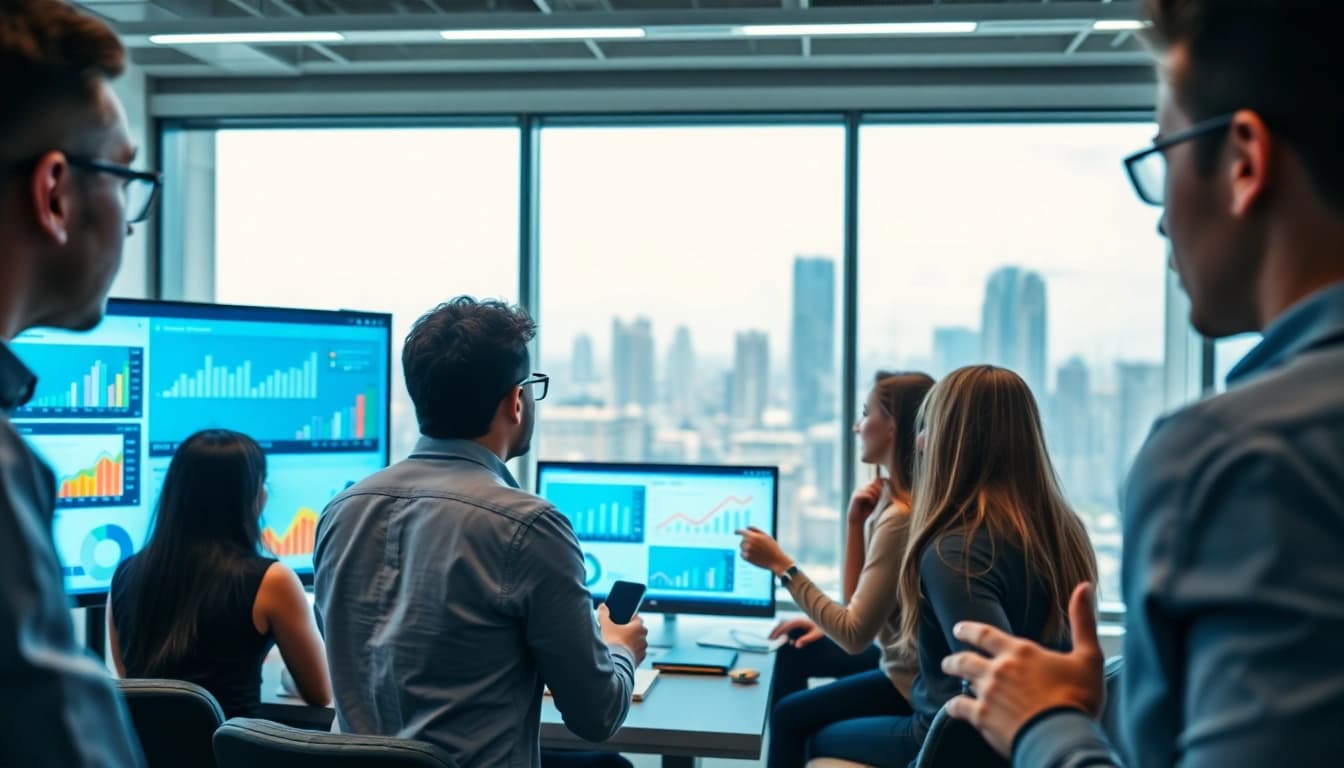 Analyze trends with AI for competitor analysis during a vibrant teamwork session.