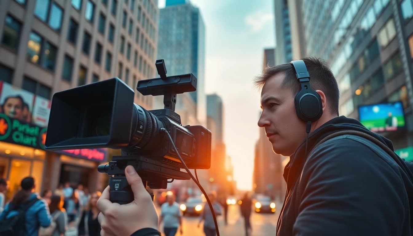 Videographer capturing urban scenes in New York City, showcasing creativity and professionalism.