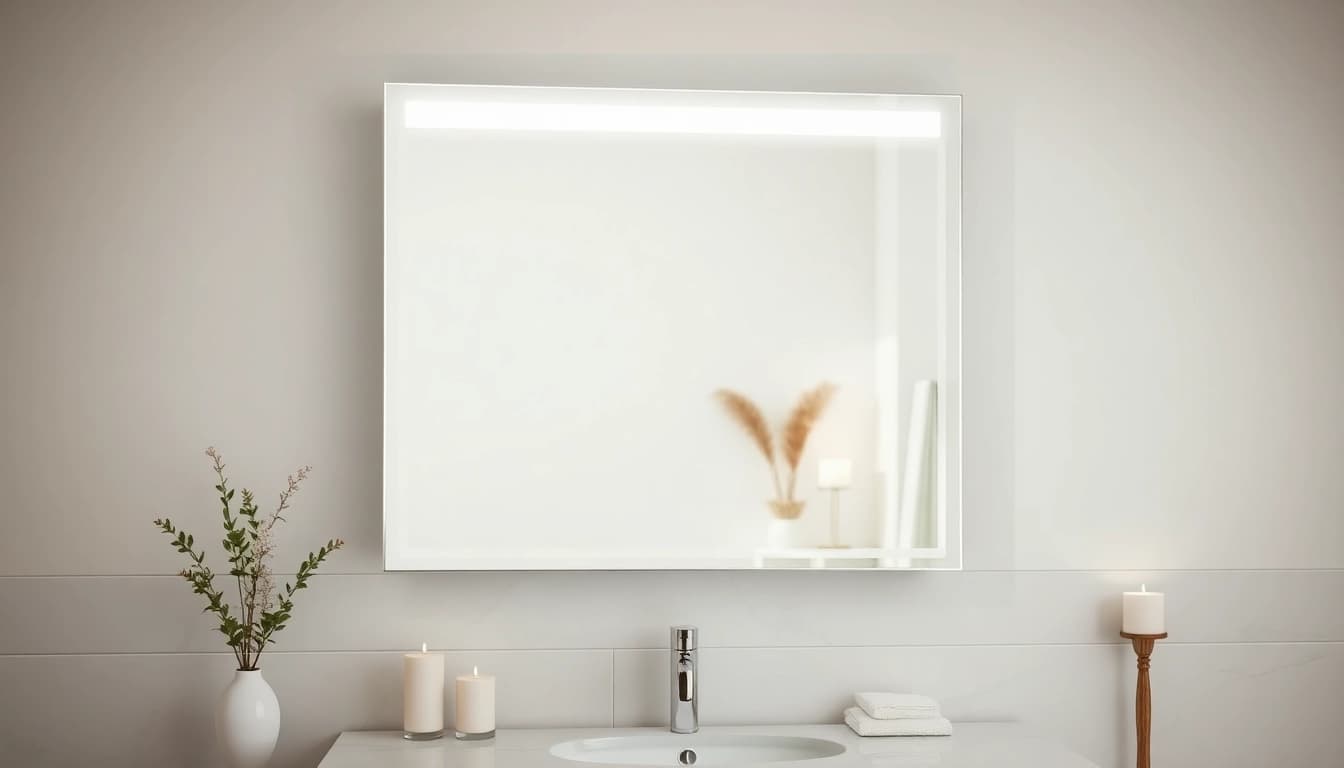 Stylish bathroom mirror with LED light reflecting a sophisticated vanity setup.
