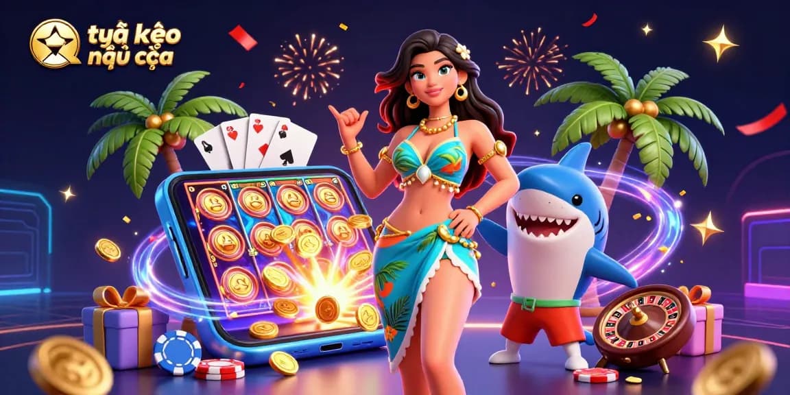 Engage in tỷ lệ kèo nhà cái with vibrant visuals of a tropical casino scene filled with excitement.