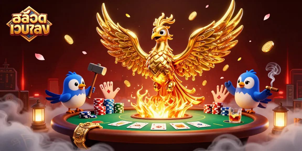 Engage with สล็อตเว็บตรง through a stunning illustration showcasing a cartoon phoenix, coins, and poker elements.