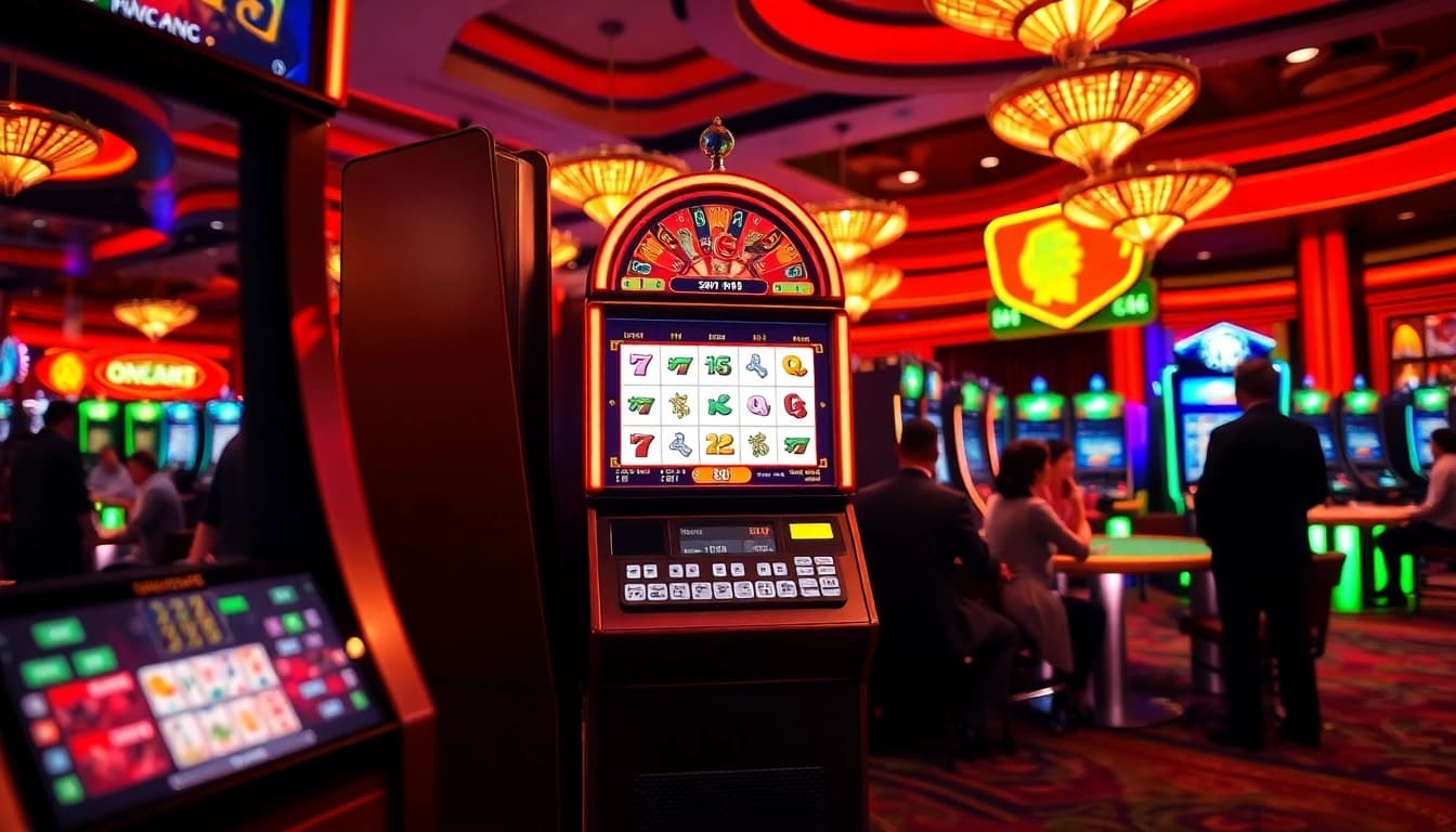 Spin the slot demo mahjong machine in a lively casino atmosphere filled with vibrant lights.