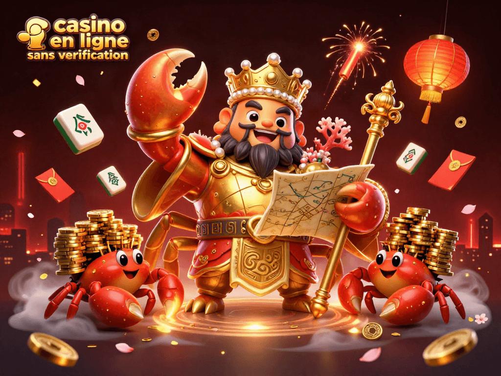 Jouer sur un casino en ligne sans verification avec un crabe doré majestueux entouré de pièces et lanternes.
