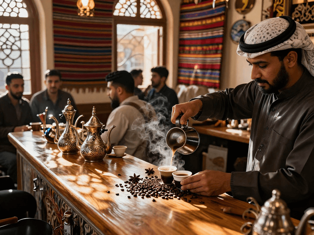 قهوجيين وصبابين يقدمون القهوة في مقهى تقليدي مع أجواء دافئة ومبهجة.