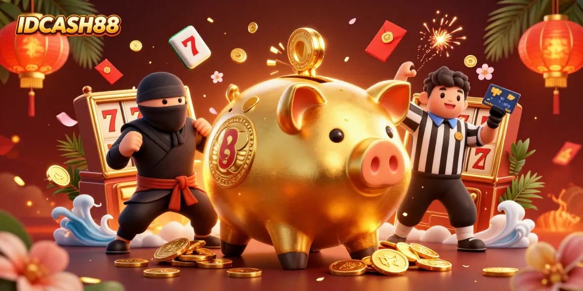 Engage with IDCASH88's dynamic gaming scene featuring vibrant characters and glowing elements around a golden piggy bank.