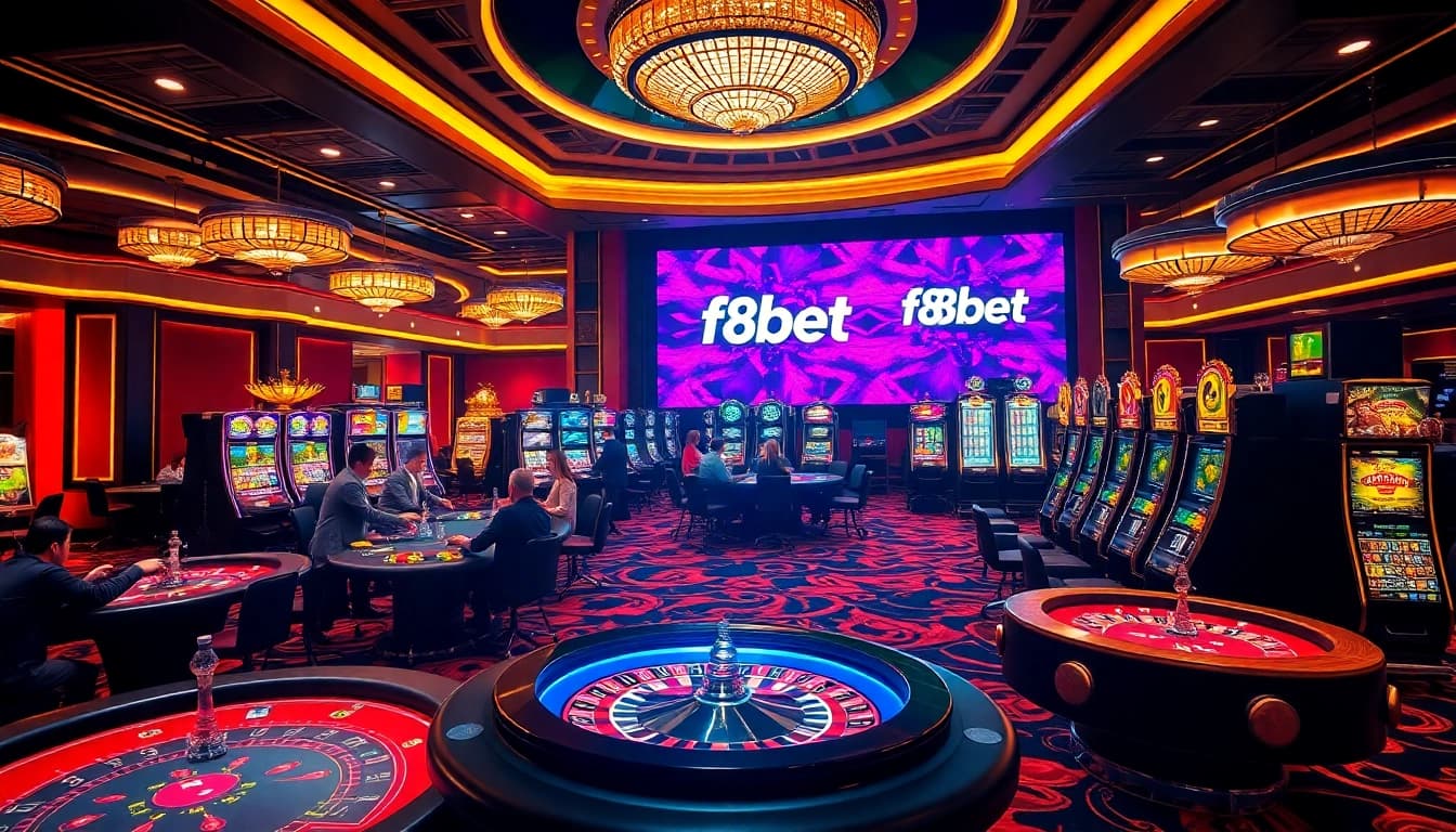 Players enjoying games at F8bet casino with vibrant tables and slot machines.