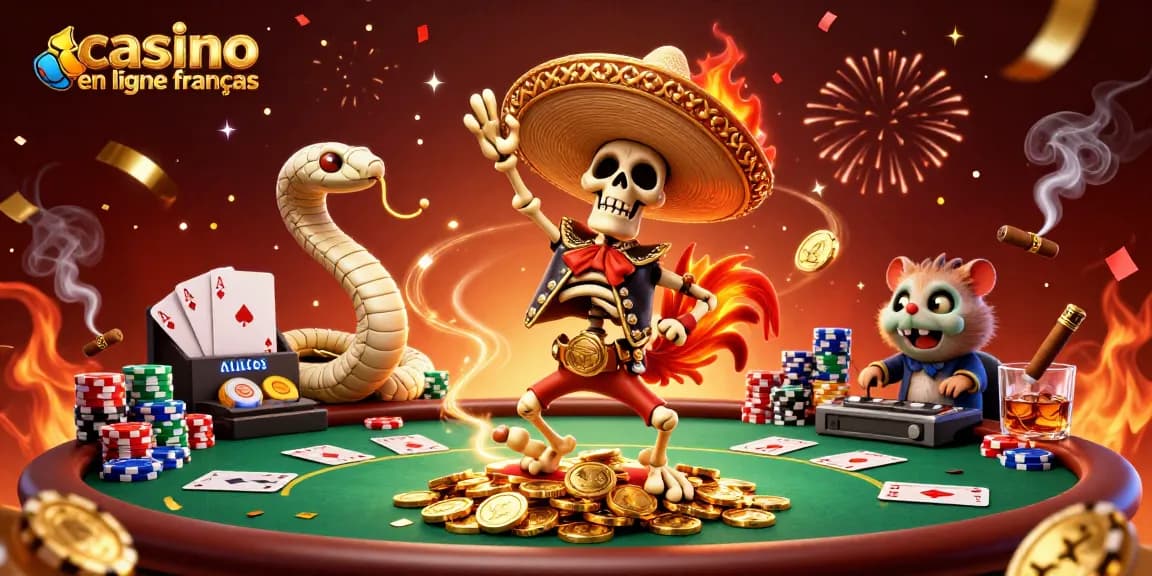 Illustration vibrante d'un casino en ligne français avec un coq dansant sur des pièces d'or et des jeux de cartes en arrière-plan.