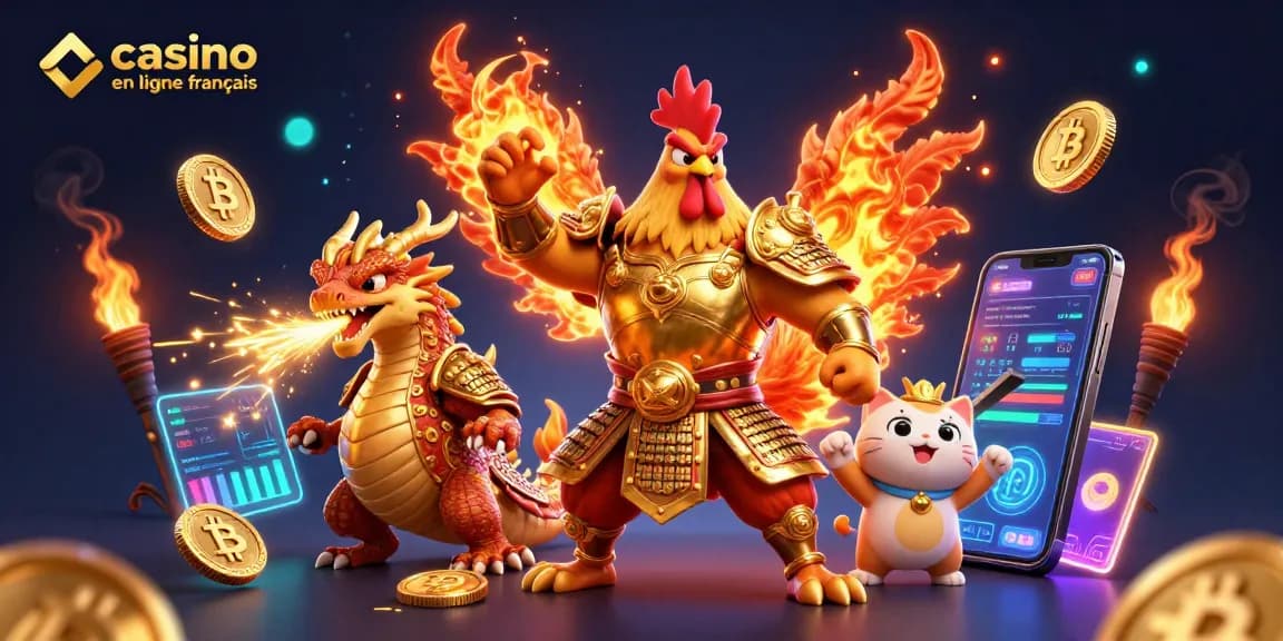 Jouez sur casino en ligne français avec un super guerrier et dragon dans une scène dynamique.
