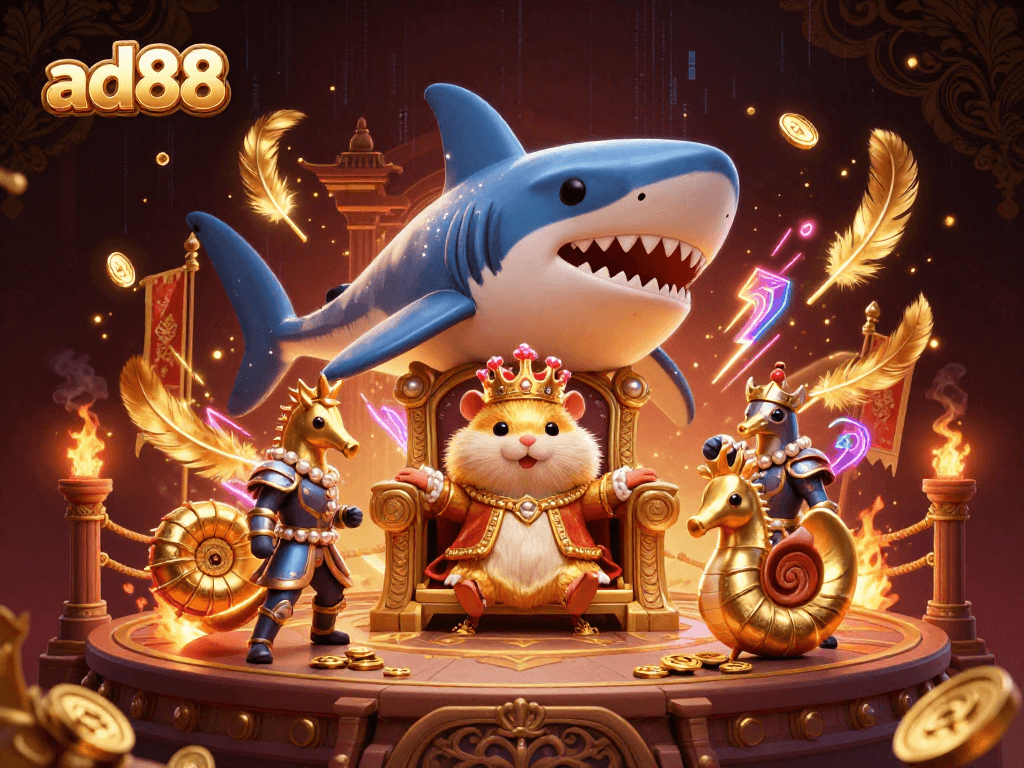 Engage with ad88's unique gaming scene featuring a hamster king among vibrant casino-themed elements.