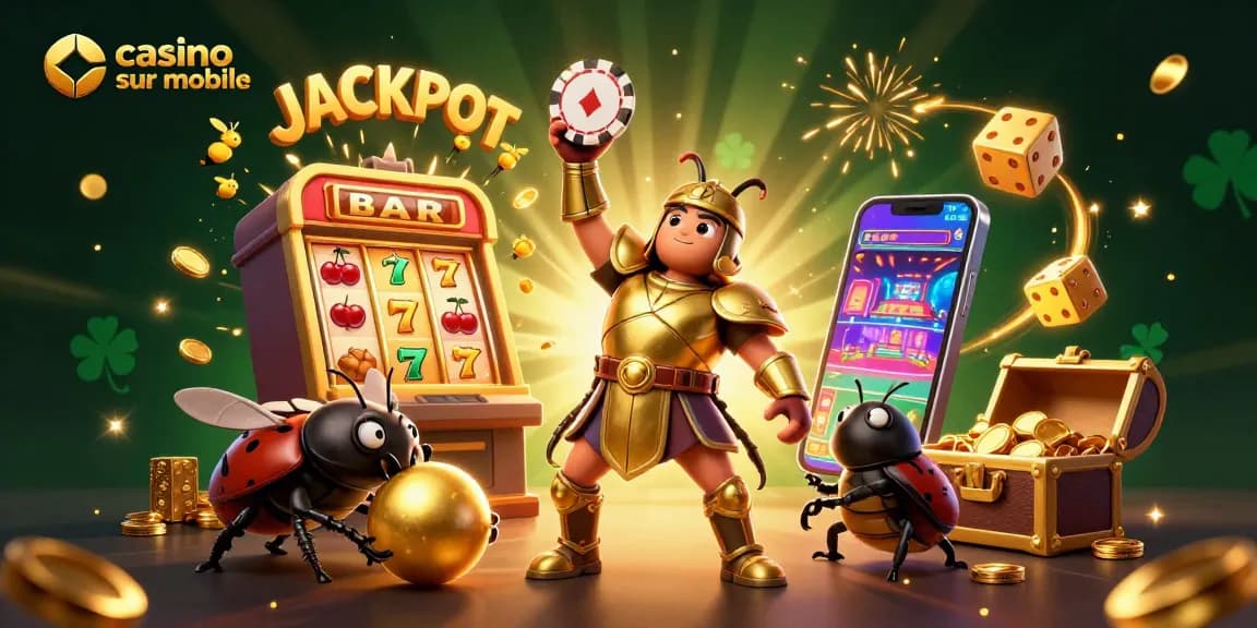 Le casino sur mobile offre une victoire avec un scarabée en armure célébrant un jackpot à travers des jeux et des symboles colorés.
