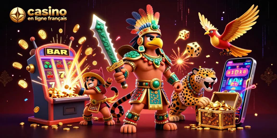 Jouez au casino en ligne français avec cette illustration riche et dynamique captivant l'aventure des jeux