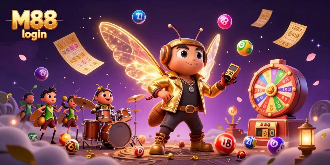 Experience M88 login with vibrant lottery elements and engaging 3D casino characters in action.