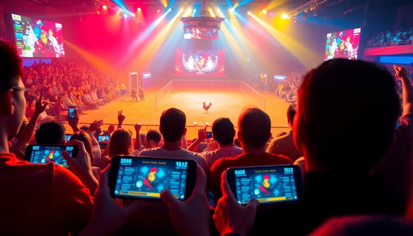 Live cockfighting action with audience engagement at sv368win.live, showcasing vibrant sports betting excitement.
