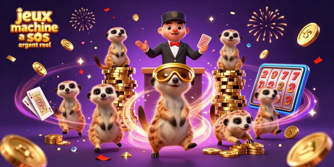 Jouez aux jeux de machines à sous en argent réel avec des suricates animés dans un casino animé.