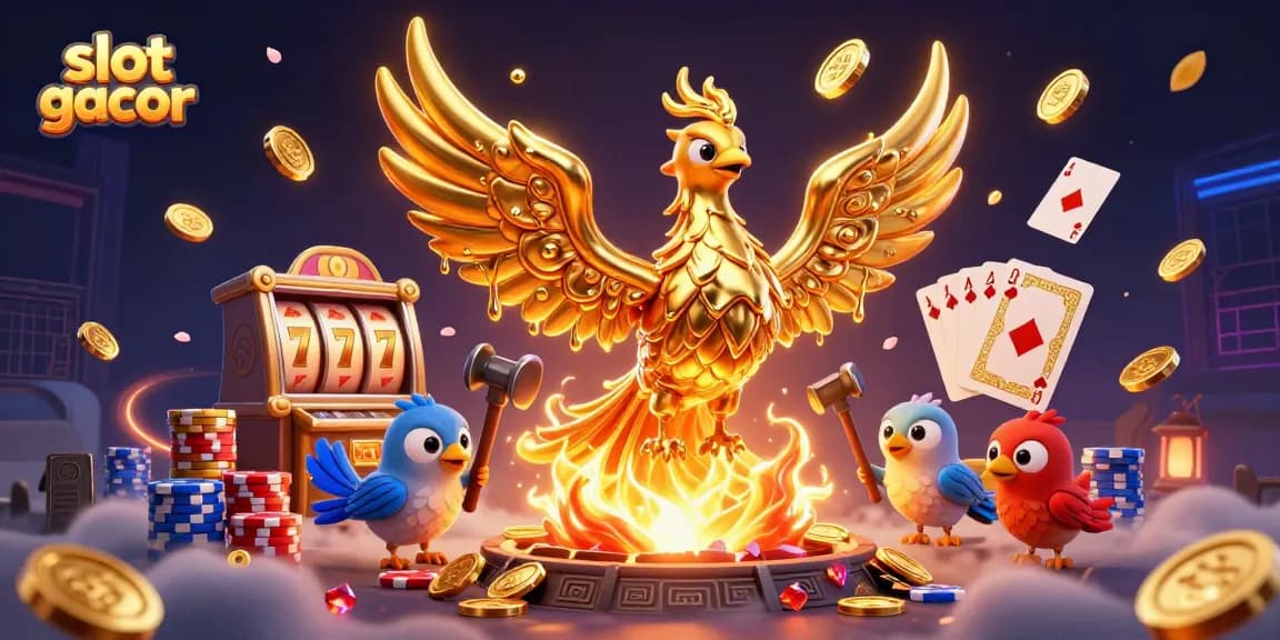 Experience the excitement of slot gacor with golden phoenix and sparkling coins in an engaging casino scene.