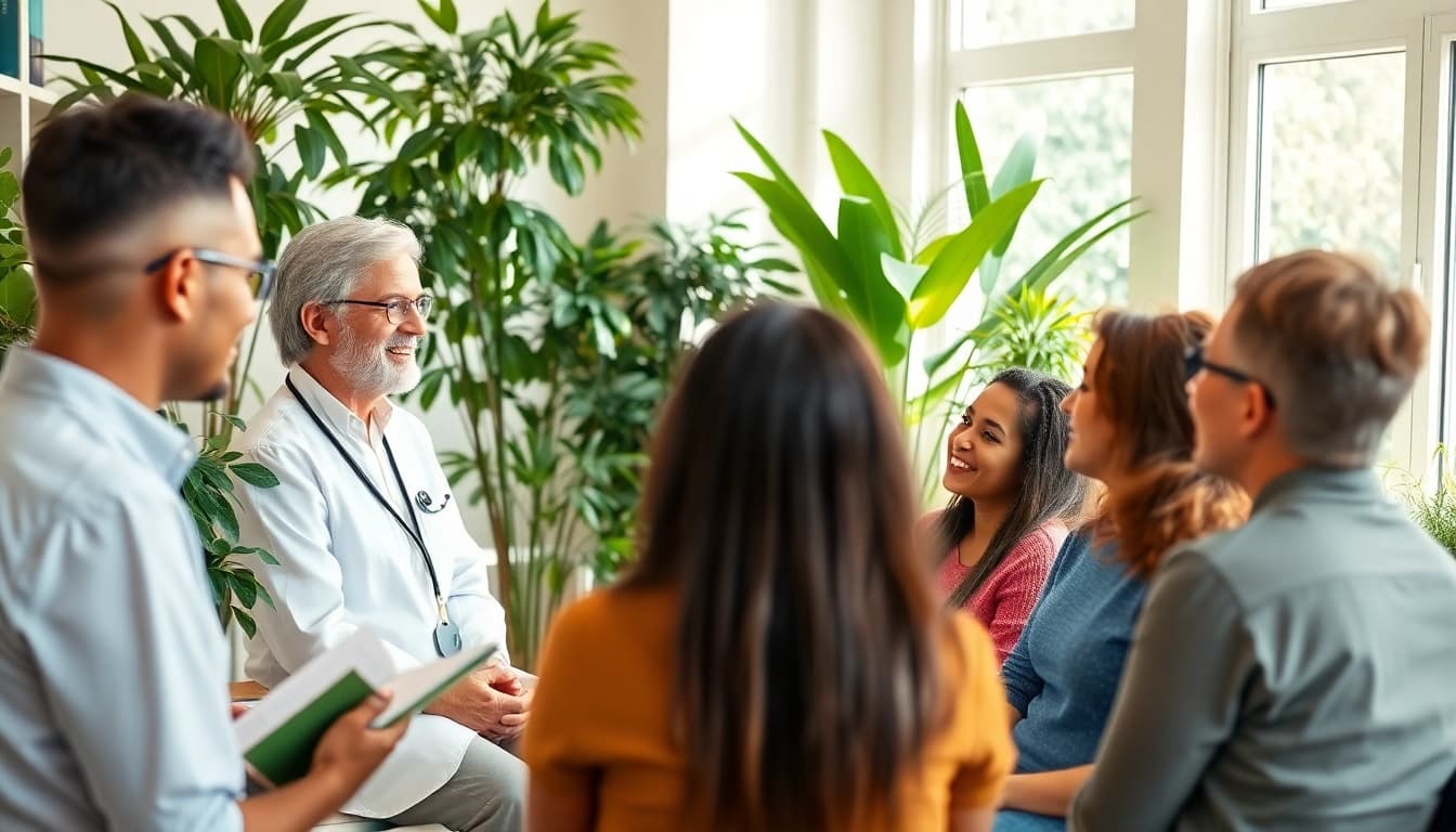 Engaging health expert discussing wellness with diverse patients in a bright room.
