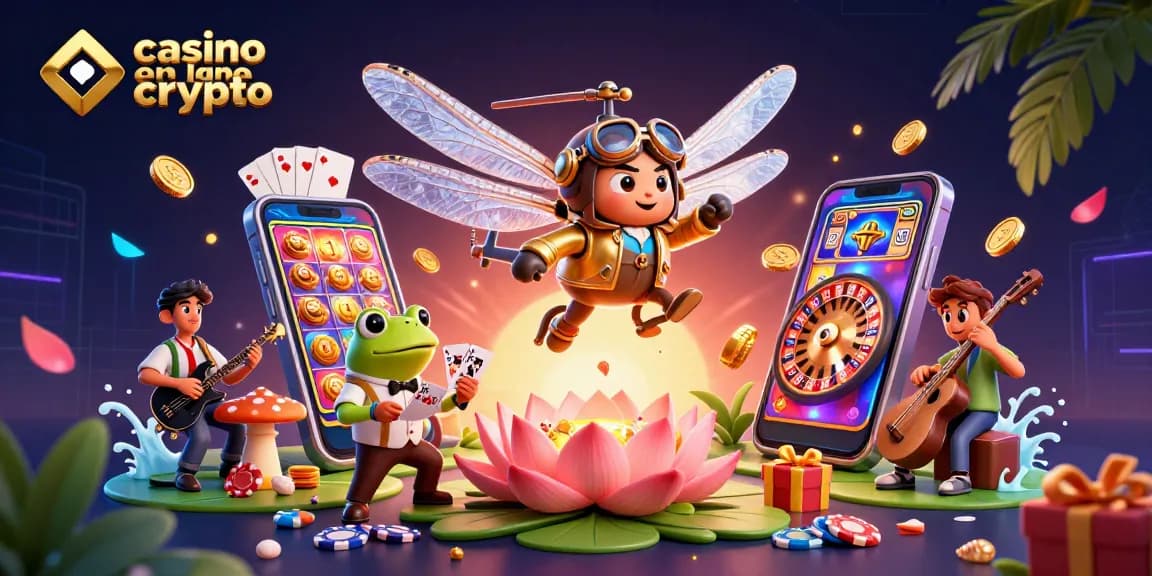 Casino en ligne crypto : animation festive avec un dragon volant, un croupier grenouille et un band musical.