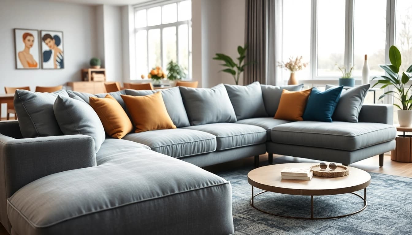 Showcase a stylish corner sofa from https://corner-sofas.co.uk elegantly placed in a cozy living room.