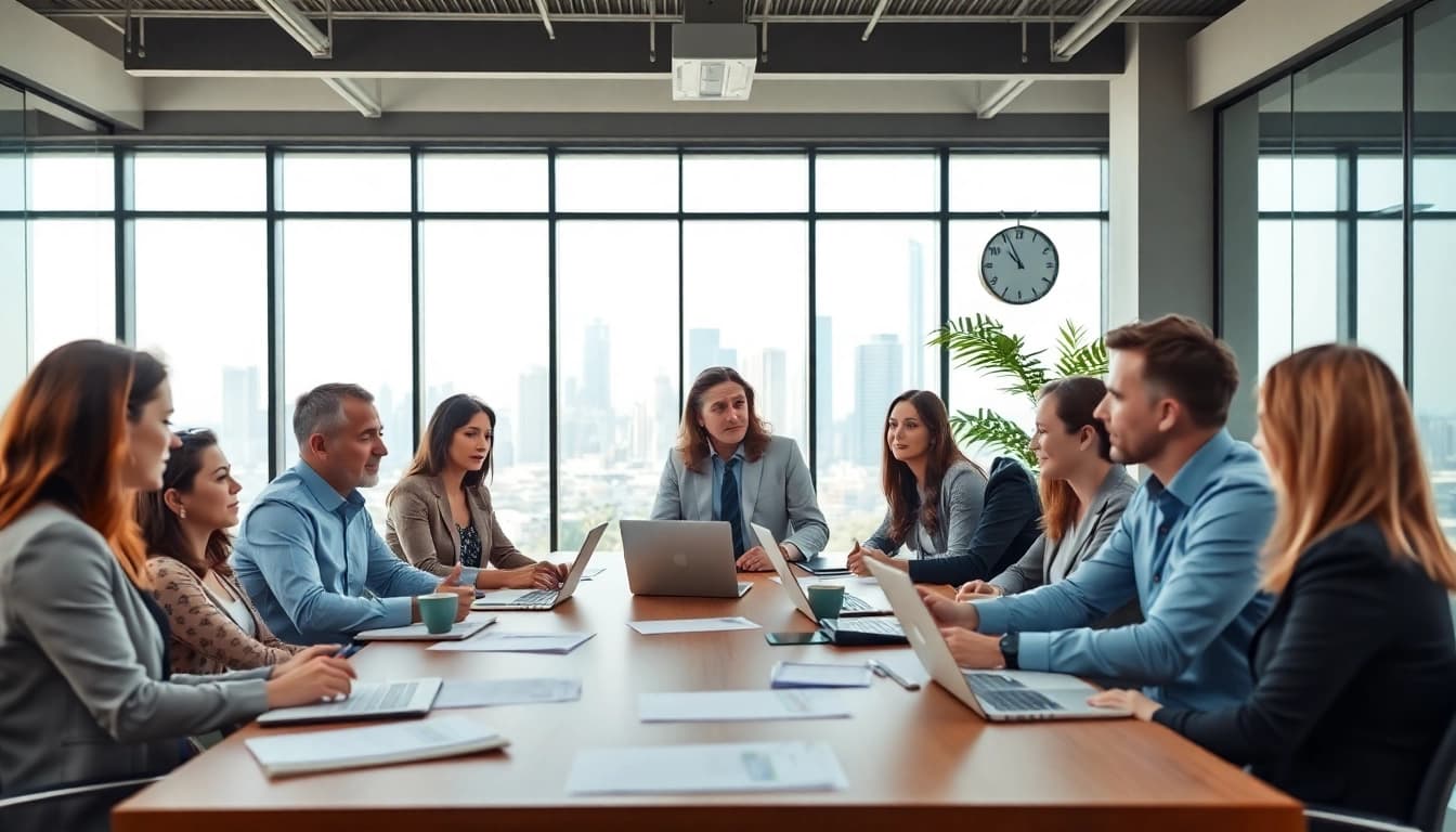 Engaged financial advisors collaborating with clients in a professional office environment.