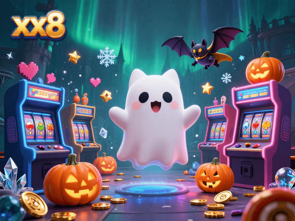 Experience thrilling moments at xx8 with a friendly ghost cat, vibrant games, and casino elements.