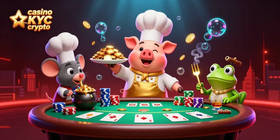 Illustration riche en détails d'un casino sans KYC crypto avec des personnages animateurs et des éléments de jeu.