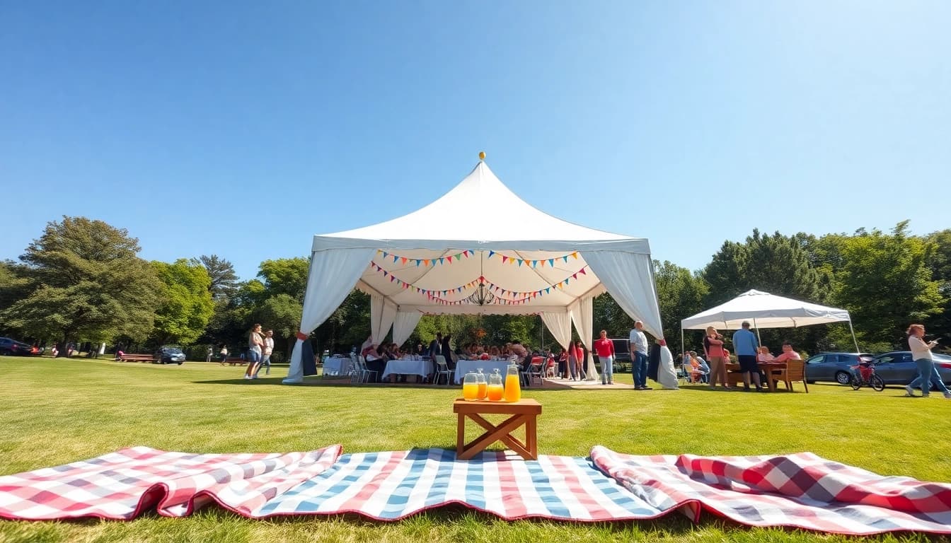 Gather around the spacious canopy tent in a lush park, surrounded by picnic setups.