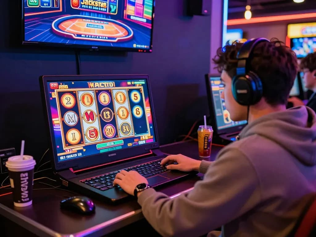 Player engaging with slot gacor games in vibrant online casino setting, showcasing modern gaming excitement.