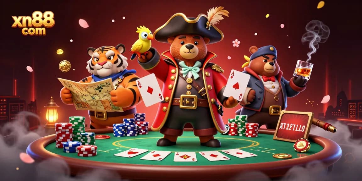 Engage with xn88 com's vibrant gaming scene featuring a cartoon pirate bear and tiger at a poker table.