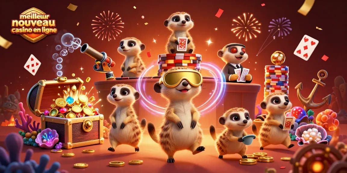 Meilleur nouveau casino en ligne : des meerkats animés gérant un casino avec des trésors et des jeux.