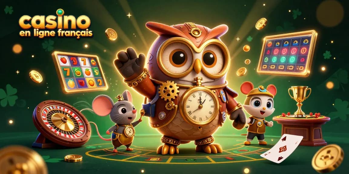 Découvrez le casino en ligne francais avec cette image riche en illustrations de jeux et personnages dynamiques.