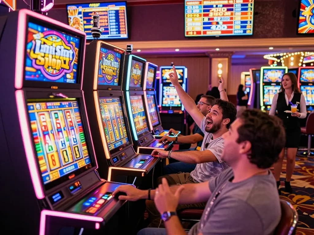 Pemain menikmati mesin slot link di suasana kasino yang ramai, menampilkan kegembiraan permainan slot.