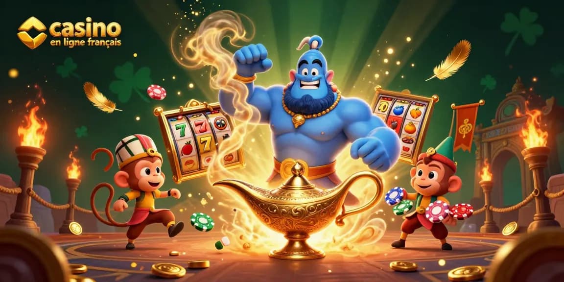 Découvrez les rouleaux des casinos en ligne français avec un génie puissant entouré de pièces d'or.