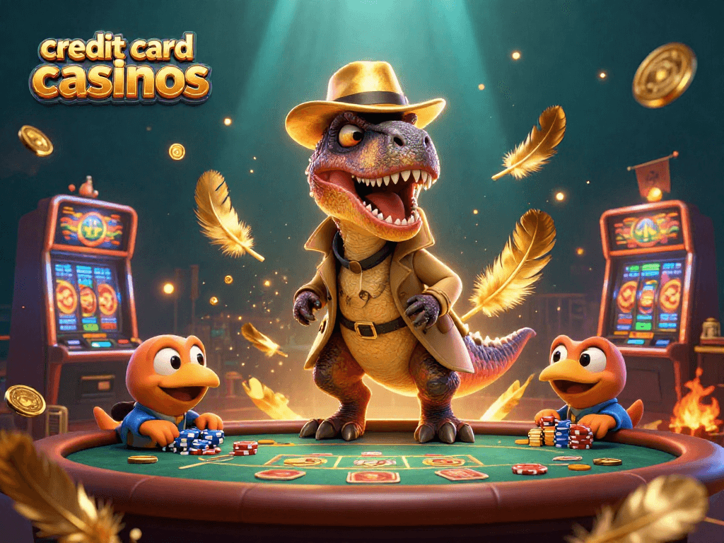 Experience thrilling gameplay at credit card casinos with velociraptor card counter and stegosaurus pit boss.