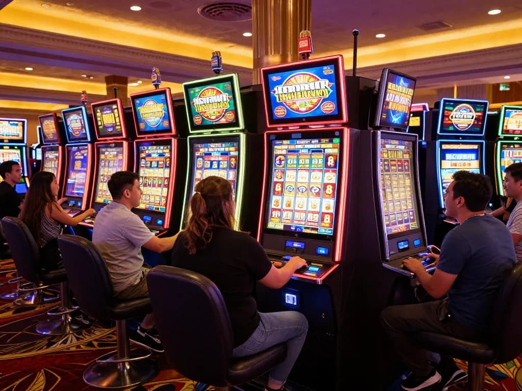 Experience excitement with slot bonuses while playing vibrant slot machines in a Las Vegas casino.