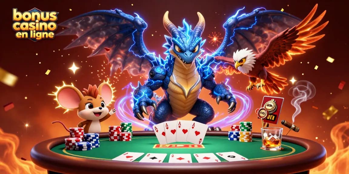 Gagnez avec le bonus casino en ligne, découvrez des cartes de poker entourées de personnages fantastiques.