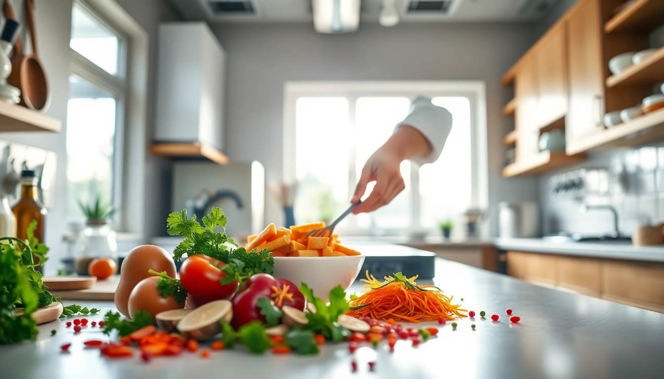 Learn dish facts through a chef's vibrant culinary preparation in a modern kitchen.