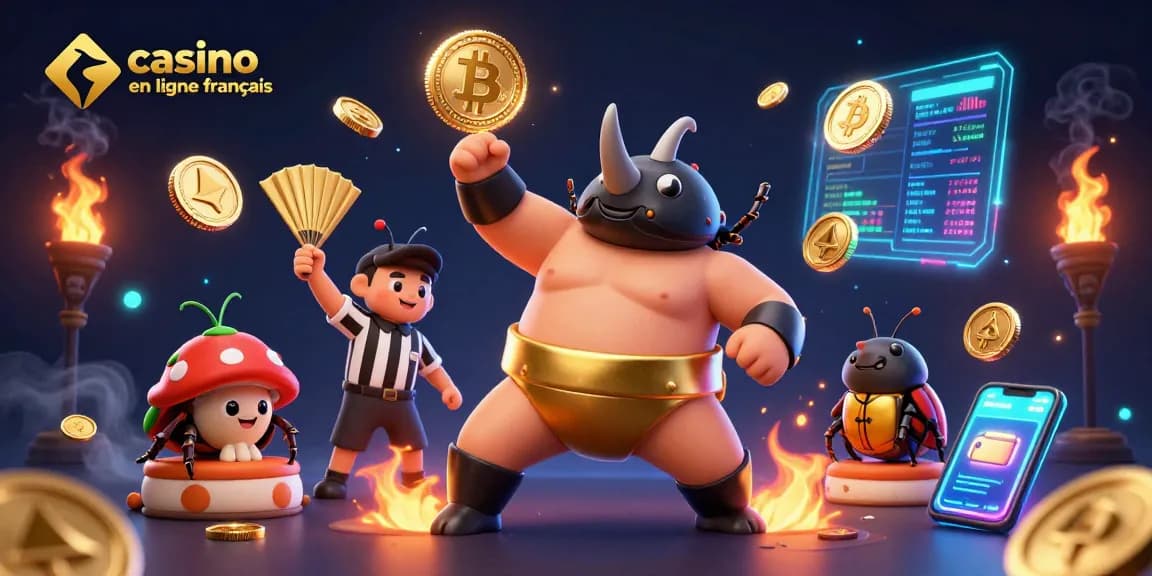 Illustration animée captivante représentant le casino en ligne français avec un rhinocéros scarabée sumo.